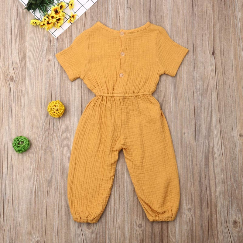 Mubineo Toddler Baby Girl Summer Fall Basic Plain Short Sleeve Cotton Linen Drawstring Romper Jumpsuit (Mustard Yellow, 12-18 Months) - Image 3